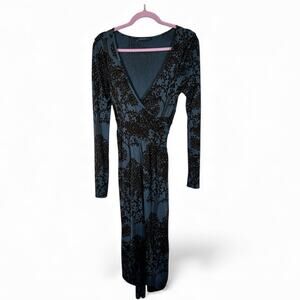 Orla Kiely Blue Black Tree Print Midi Wrap Dress Womens L Long Sleeve Stretch